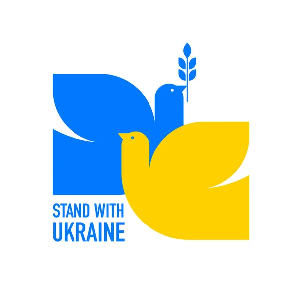 Pássaro voador, pomba como símbolo de paz. Apoiar a Ucrânia, Stand com bandeira Ucrânia e cartaz em cores amarelas e azuis — Vetor de Stock