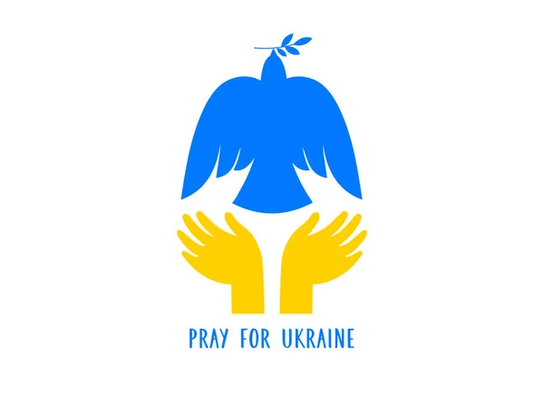 Pássaro voador, pomba como símbolo de paz. Apoiar a Ucrânia, Stand com bandeira Ucrânia e cartaz em cores amarelas e azuis — Vetor de Stock