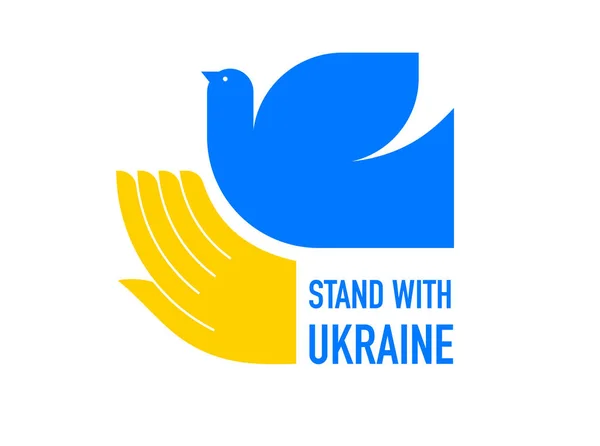 Létající pták, holubice jako symbol míru. Podpora Ukrajiny, Stand with Ukraine banner and poster in yellow and blue colors — Stockový vektor