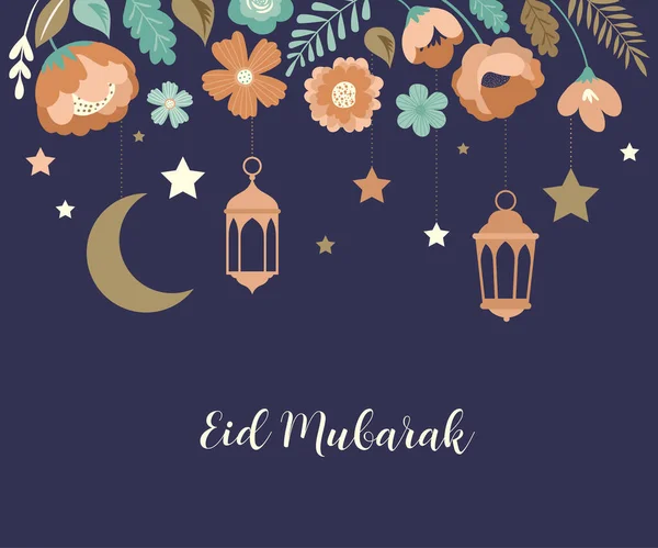Estilo boêmio moderno Ramadan Mubarak cartão de saudação, banner com design retro boho, lua, cúpula mesquita e lanternas — Vetor de Stock