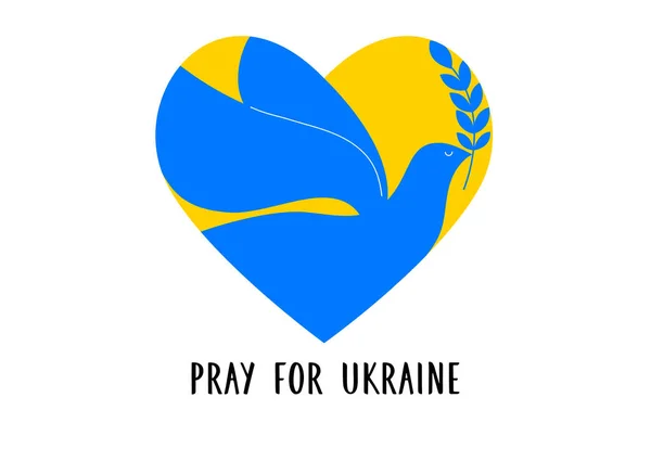 Pájaro volador, paloma como símbolo de paz. Apoye Ucrania, soporte con la bandera y el cartel de Ucrania en colores amarillos y azules — Vector de stock