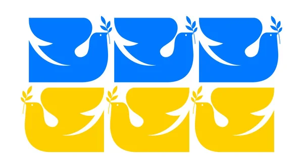 Flygande fågel, duva som symbol för fred. Stöd Ukraina, Stå med Ukraina banner och affisch i gula och blå färger — Stock vektor