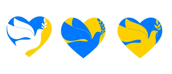 Fliegender Vogel, Taube als Symbol des Friedens. Unterstützung der Ukraine, Stand mit Ukraine-Banner und Plakat in gelben und blauen Farben — Stockvektor