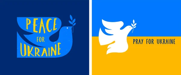 Vliegende vogel, duif als symbool van vrede. Ondersteuning Oekraïne, Stand with Oekraïne banner en poster in gele en blauwe kleuren — Stockvector