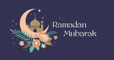 Modern bohem tarzı Ramazan Mübarek tebrik kartı, retro boho tasarımlı pankart, ay, cami kubbesi ve fener. 