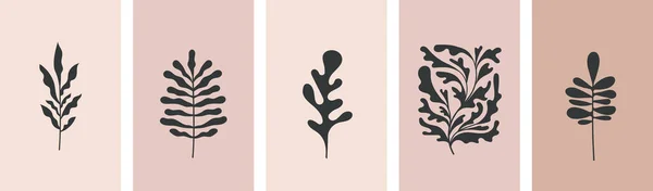 Arte Botânica abstrata da parede, estampas de arte contemporânea com folhas abstratas. Desenhos botânicos, postais ou brochuras do Boho nórdico, escandinavo —  Vetores de Stock