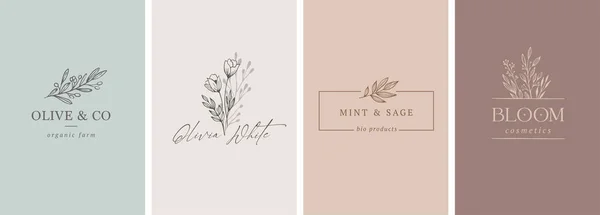 Elegant, botanique logo collection, hand drawn illustrations of flowers, leaves and twig, delicate and minimal monogram design — Stock Vector