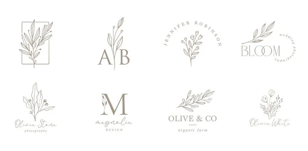 Elegante colección de logotipo botánico, ilustraciones dibujadas a mano de flores, hojas y ramitas, diseño de monograma delicado y mínimo — Vector de stock