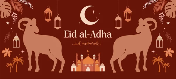 Eid Al Adha festival. Greeting card with sacrificial sheep and crescent on cloudy night background. Eid Mubarak theme. Vector illustration. — Vetor de Stock