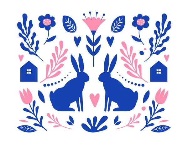 Nordic Folk padrão com coelhos e elementos florais —  Vetores de Stock
