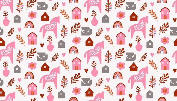 Nordic Dala horses and floral elements seamless pattern — стоковый вектор