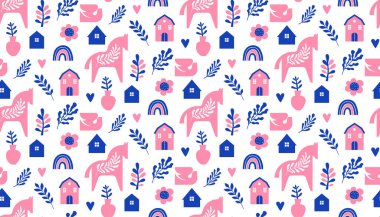 Nordic Dala horses and floral elements seamless pattern  clipart