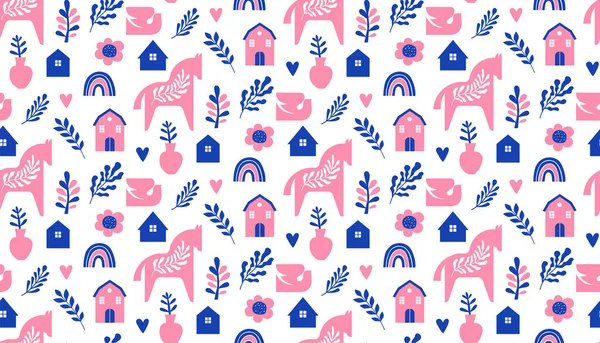 Nordic Dala horses and floral elements seamless pattern — Stockvektor