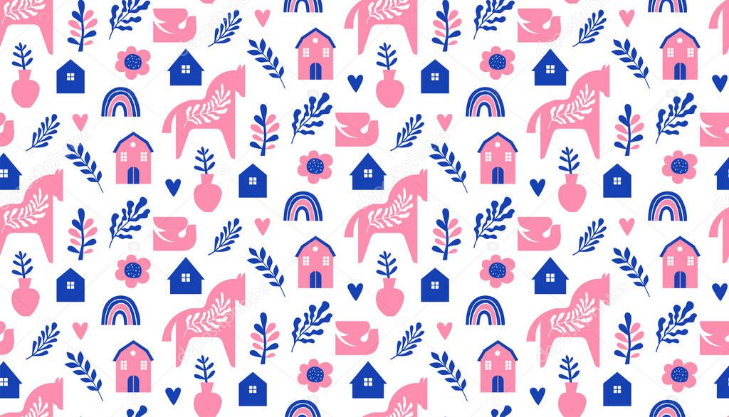 Nordic Dala horses and floral elements seamless pattern 