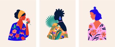 Kadınsı moda illüstrasyonu, çiçekli elbiseler giyen güzel kadınlar, botanik çizimler. Kartlar, baskılar ve poster tasarımları. Düz biçim vektör tasarımı