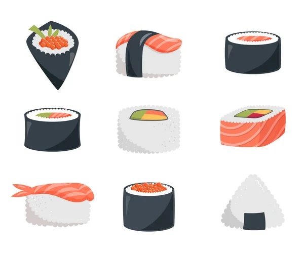 Sushi Designelement Och Ikoner Samling Söt Vektor Illustrationer Som — Stock vektor