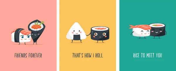 Funny Sushi Koncept Design Sushi Znaky Sada Roztomilých Vektorových Ilustrací — Stockový vektor