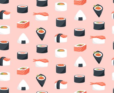Suşi tasarımlı kusursuz desen. Şirin vektör illüstrasyonları koleksiyonu
