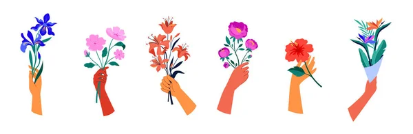 Käsi Kädessä Kukkakimppuja Kokoelma Naisellinen Muoti Konsepti Kuvituksia Kasvitieteellinen Piirustuksia — vektorikuva