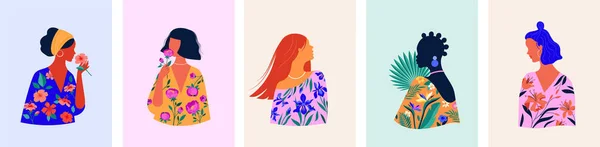 女性のファッションコンセプトイラスト 花模様のドレスを着て美しい女性 植物画 カード プリント ポスターデザイン フラットスタイルベクトルデザイン — ストックベクタ