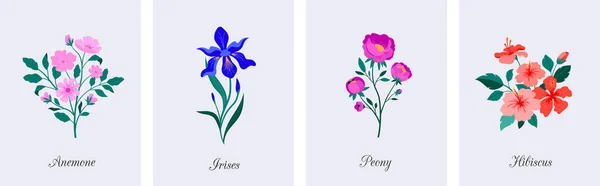 Primavera Flores Botánicas Ilustraciones Flores Jardín Florecientes Iris Peonía Anémona — Vector de stock