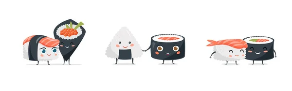 Diseño Concepto Sushi Divertido Con Personajes Sushi Lindo Vector Ilustraciones — Archivo Imágenes Vectoriales