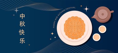 Modern tarz Sonbahar Ortası Festivali. Geleneksel çiçekler, dolunay ve tavşanlar. Çeviri: 