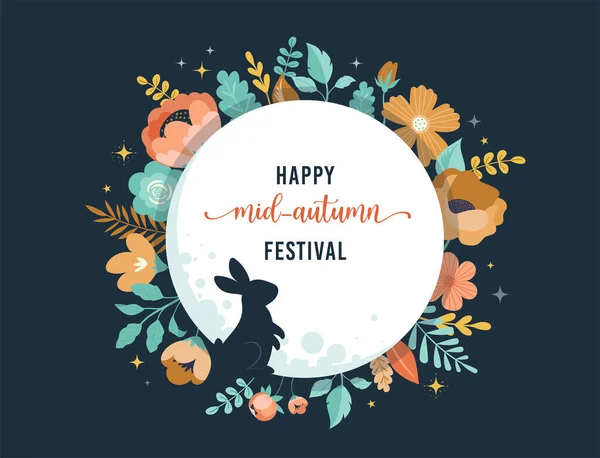Modern Style Mid Autumn Festival Traditional Flowers Full Moon Bunnies — Image vectorielle