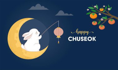 Mid Autumn Festival Concept Design with Cute Rabbits, Bunnies and Moon Illustrations. Chinese, Korean, Asian Mooncake festival celebration. Translation: Happy mid autumn festival. Vector Illustration clipart
