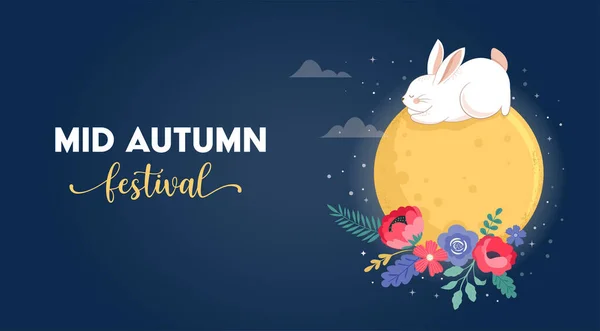 Mid Φθινοπωρινό Φεστιβάλ Concept Design Χαριτωμένα Κουνελάκια Κουνελάκια Και Σελήνη — Διανυσματικό Αρχείο