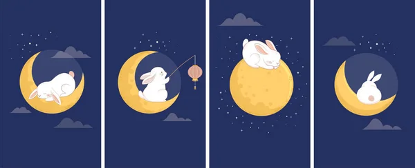 Mid Autumn Festival Concept Story Design Cute Rabbits Bunnies Moon — Wektor stockowy