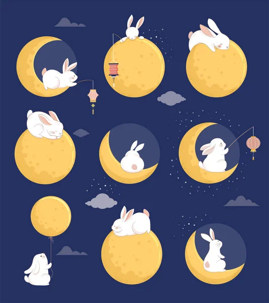 Mid Autumn Festival Concept Design Cute Rabbits Bunnies Moon Illustrations — Stock Vector