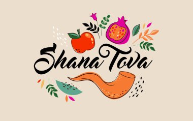 Rosh Hashanah design template with hand drawn apple, pomegranate and Shofar horn. Shana Tova Lettering. Vector illustration. Translation from Hebrew - Happy and Sweet New Year 