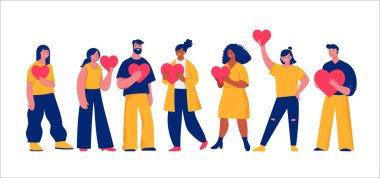 People giving like, holding red hearts. Customer choice, donation and charity concept. Business support. Vector illustration