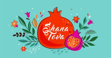 Rosh Hashanah 'ın el yapımı nar ve çiçekli tasarım şablonu. Shana Tova Mektubu. Vektör çizimi. İbranice çeviri - Mutlu yıllar 