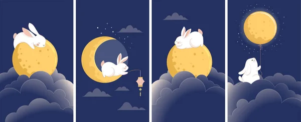 Mid Autumn Festival Concept Story Design Cute Rabbits Bunnies Moon — 图库矢量图片