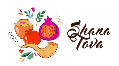Elle çizilmiş elma, nar, bal ve Shofar boynuzu ile Rosh Hashanah tasarım şablonu. Shana Tova Mektubu. Vektör çizimi. İbranice çeviri - Mutlu ve Tatlı Yeni Yıl 