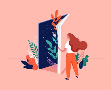 Book festival concept. Young woman opening a huge open book surrounding the many flowers, leaves, plants. Back to school, library concept design. Vector illustration, poster 