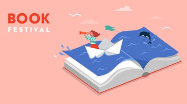 Book festival concept of a little girl sailing the boat and reading an open huge book. Fantasy and Imagination concept design. Vector illustration, poster 