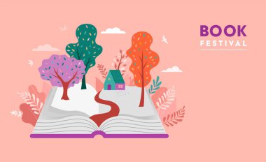 Book festival concept of a small house in the middle of forest, placed on the open huge book. Back to school, library concept design. Vector illustrated poster and banner