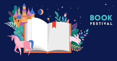 Book festival concept design. Open huge book with magic forest, castel, unicorn and flowers. Fantasy and Imagination concept design. Vector illustration, poster, banner 