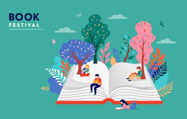 Book festival concept of a small people, kids reading an open huge book. Back to school, library concept design. Vector illustrated poster and banner