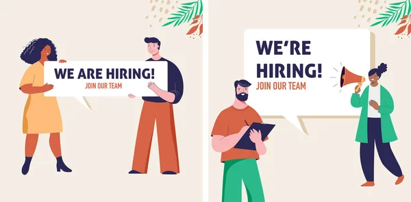 Hiring Announcement Template People Holding Speech Bubbles Flat Style Modern — 스톡 벡터