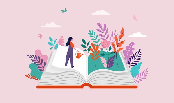 Book Festival Concept Woman Watering Garden Reading Open Huge Book — Vetor de Stock