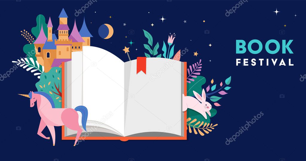 Book festival concept design. Open huge book with magic forest, castel, unicorn and flowers. Fantasy and Imagination concept design. Vector illustration, poster, banner 
