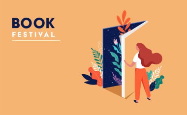 Book festival concept. Young woman opening a huge open book surrounding the many flowers, leaves, plants. Back to school, library concept design. Vector illustration, poster 