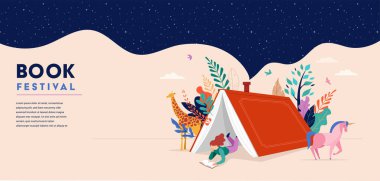 Book festival concept. Little girl reading in the open huge book, opened as a home. Fantasy, adventures and Imagination concept design. Vector illustration, poster, banner 