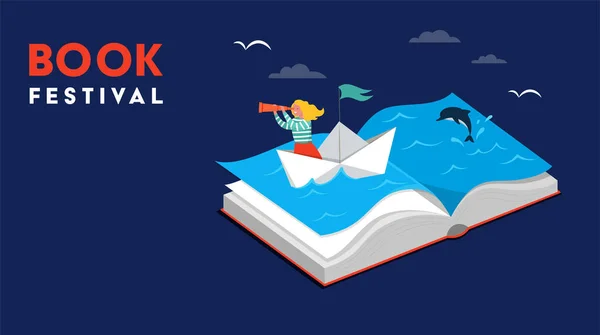 Book Festival Concept Little Girl Sailing Boat Reading Open Huge — стоковый вектор