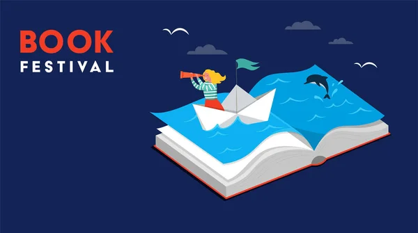 Book Festival Concept Little Girl Sailing Boat Reading Open Huge — Διανυσματικό Αρχείο