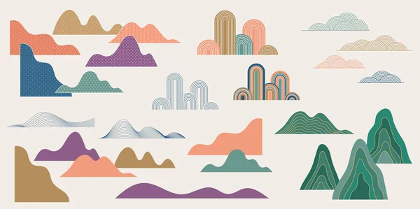 Collection Hand Drawn Clouds Mountains Chinese Japanese Vector Illustrations Oriental — стоковий вектор
